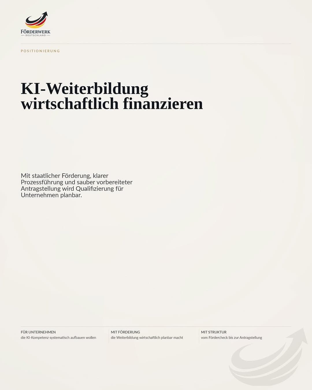 Mit staatlicher Förderung wird Qualifizierung planbar. Statt Weiterbildung nur als Kostenfaktor zu sehen, entsteht Raum für Kompetenzaufbau, Entlastung im Team und digitale Entwicklung im Unternehmen.
Förderwerk begleitet den Weg von der ersten Einordnung bis zur strukturierten Umsetzung — damit KI-Weiterbildung wirtschaftlich sinnvoll finanziert werden kann.
Wenn Sie das Potenzial für Ihr Unternehmen einschätzen lassen möchten, sprechen Sie mit uns.
#FoerderwerkDeutschland #KIWeiterbildung #Qualifizierung #Digitalisierung #Foerdermittel