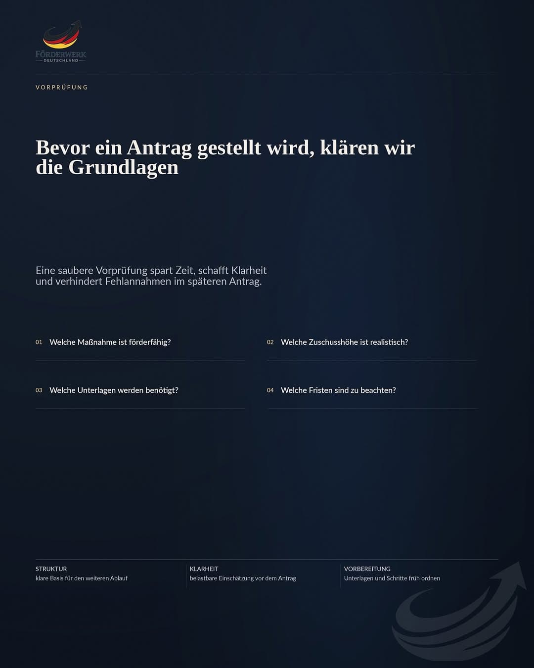 Ein guter Förderprozess beginnt vor dem Antrag.
Bevor Unterlagen eingereicht werden, klären wir vier zentrale Punkte: Ist die Maßnahme förderfähig? Welche Zuschusshöhe ist realistisch? Welche Unterlagen werden benötigt? Welche Fristen sind relevant?
Diese Vorprüfung spart Zeit, reduziert Rückfragen und schafft eine belastbare Grundlage für die nächsten Schritte. Gerade bei Fördermitteln entscheidet Präzision oft früher, als viele erwarten.
#FoerderwerkDeutschland #Foerderfaehigkeit #Antragstellung #Weiterbildungsfoerderung #Unternehmen